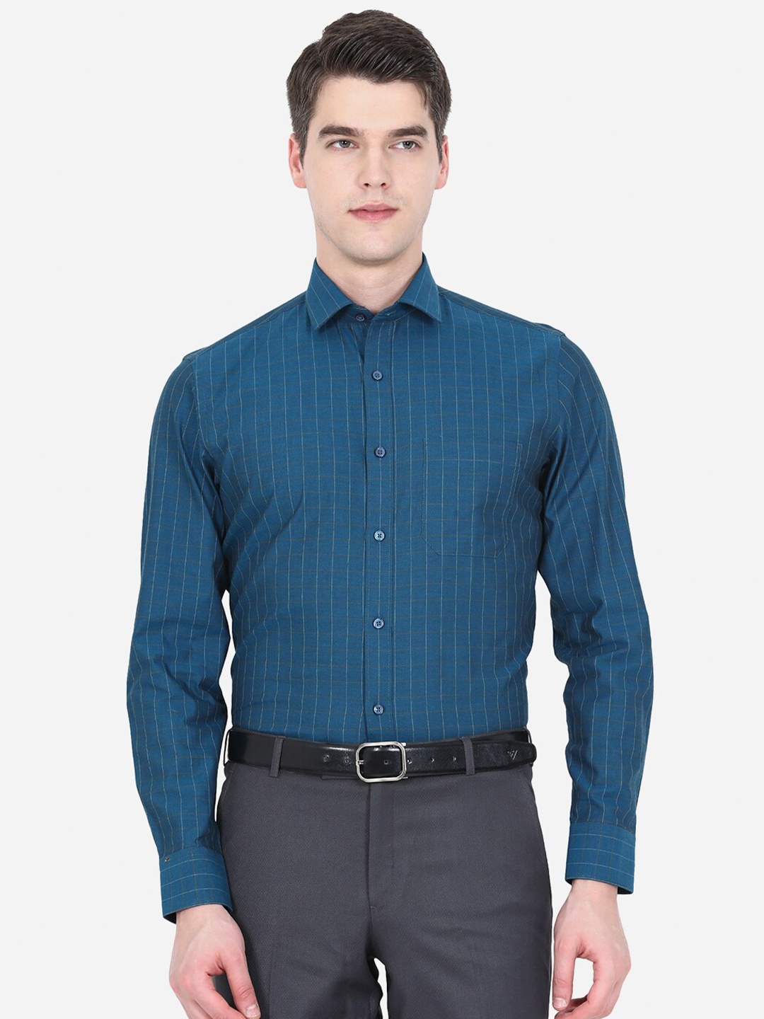 

Greenfibre Men Blue Slim Fit Checked Formal Shirt