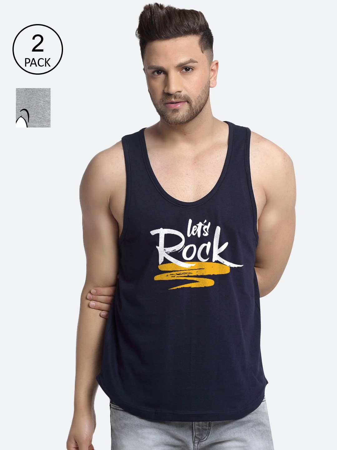 

Friskers Men Pack Of 2 Printed Pure Cotton Innerwear Vests, Navy blue