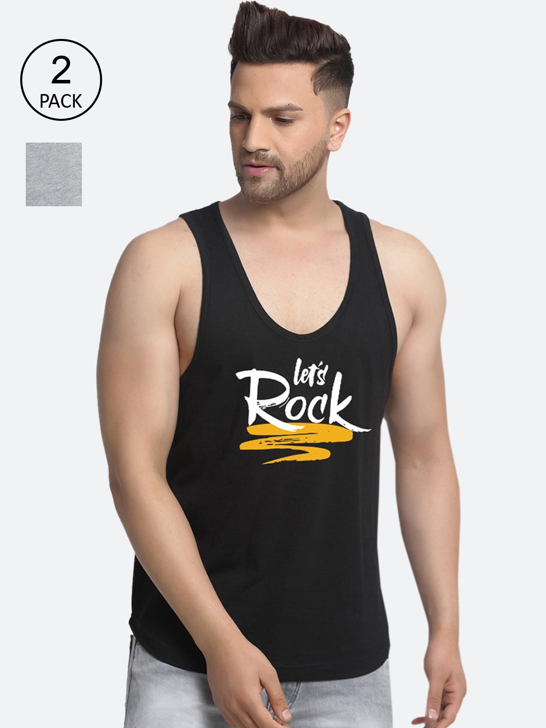 

Friskers Men Pack Of 2 Printed Pure Cotton Innerwear Vests, Black