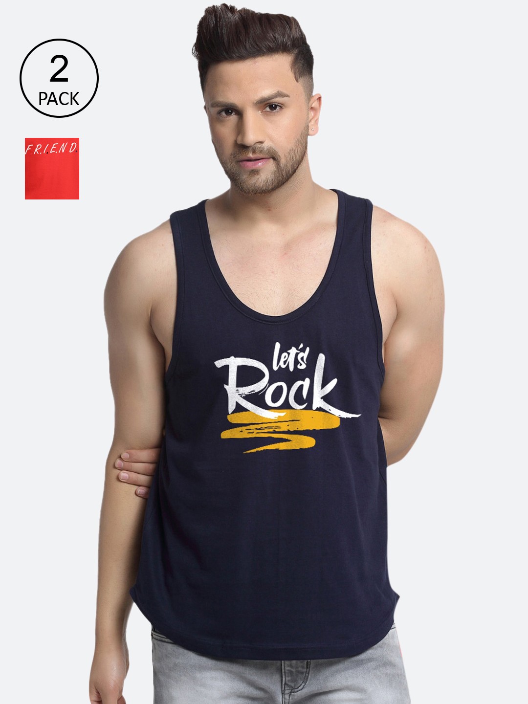 

Friskers Men Pack Of 2 Printed Pure Cotton Innerwear Vests, Navy blue