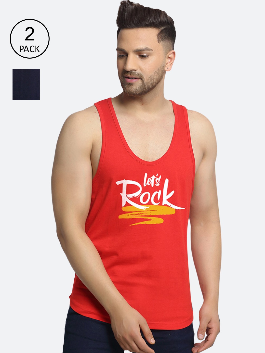 

Friskers Men Pack Of 2 Printed Pure Cotton Innerwear Vests, Red