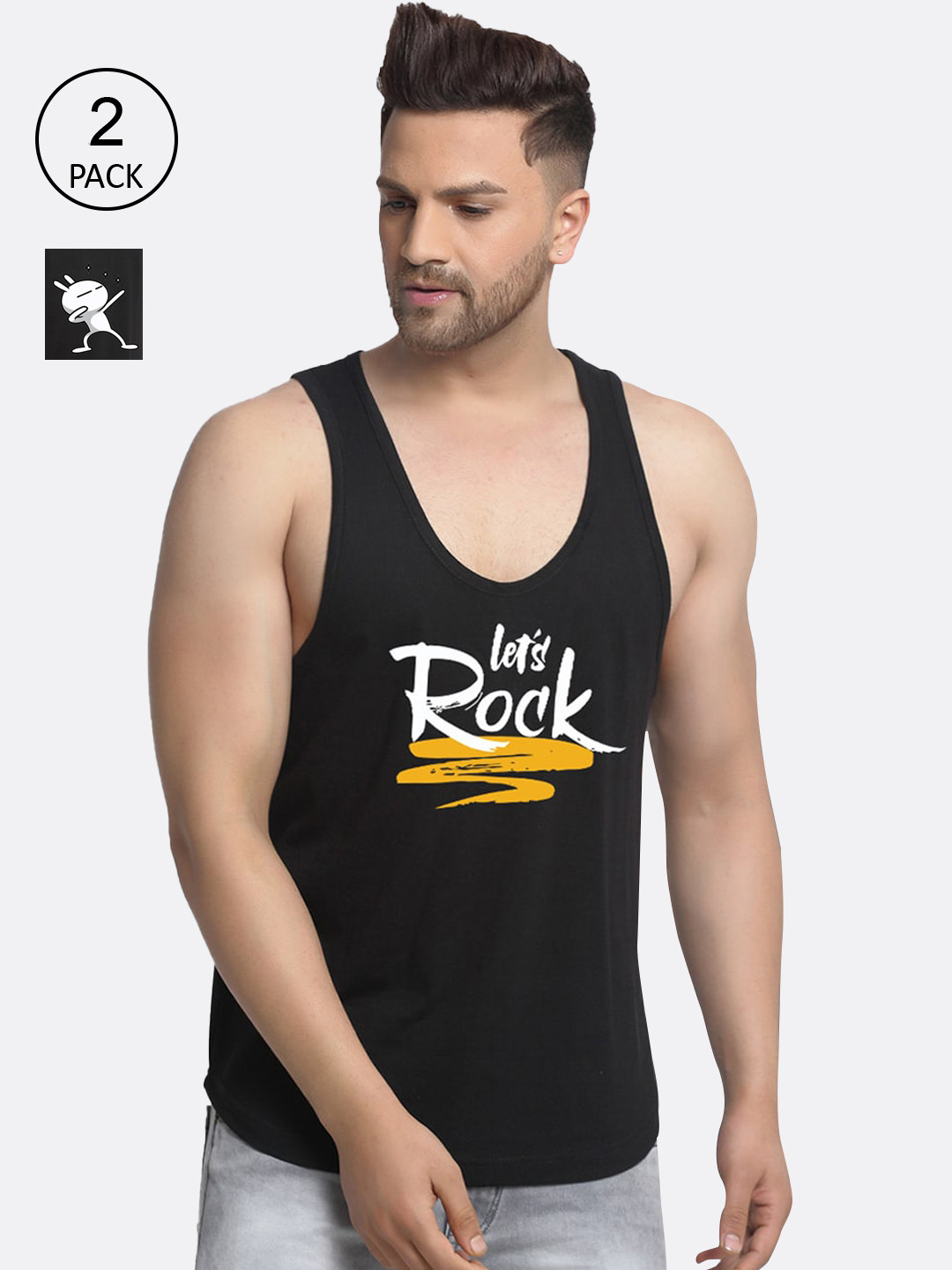 

Friskers Men Pack Of 2 Printed Pure Cotton Innerwear Vests, Black