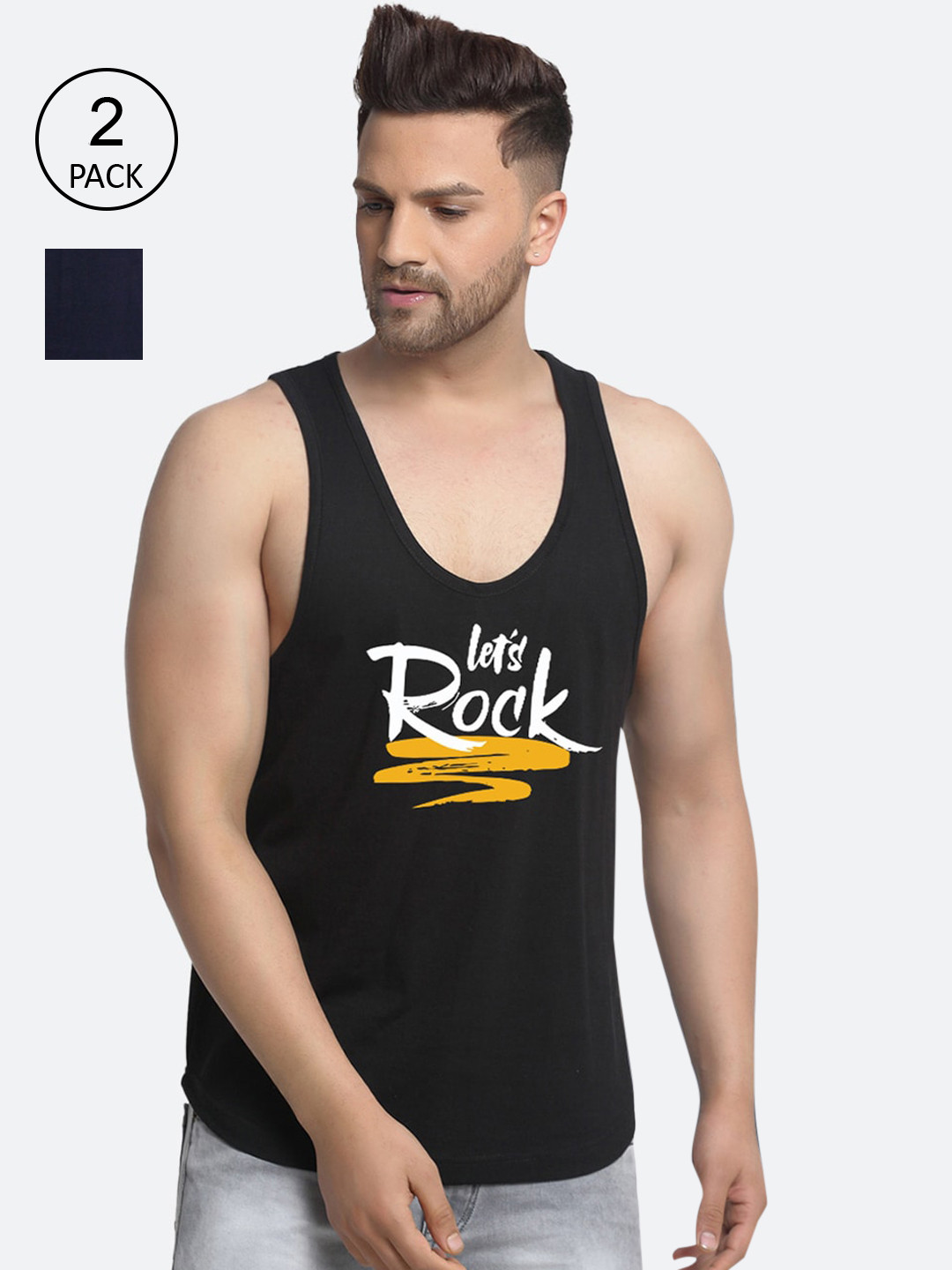 

Friskers Men Pack Of 2 Printed Pure Cotton Innerwear Vests, Black