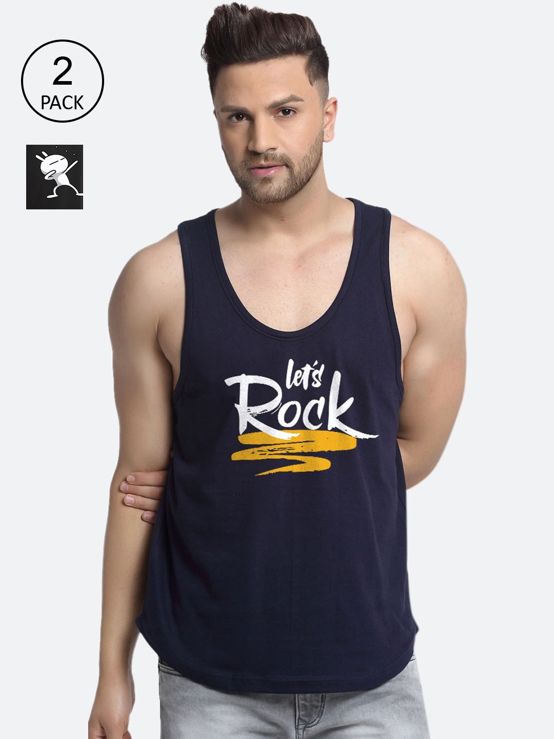 

Friskers Men Pack Of 2 Printed Pure Cotton Innerwear Vests, Navy blue