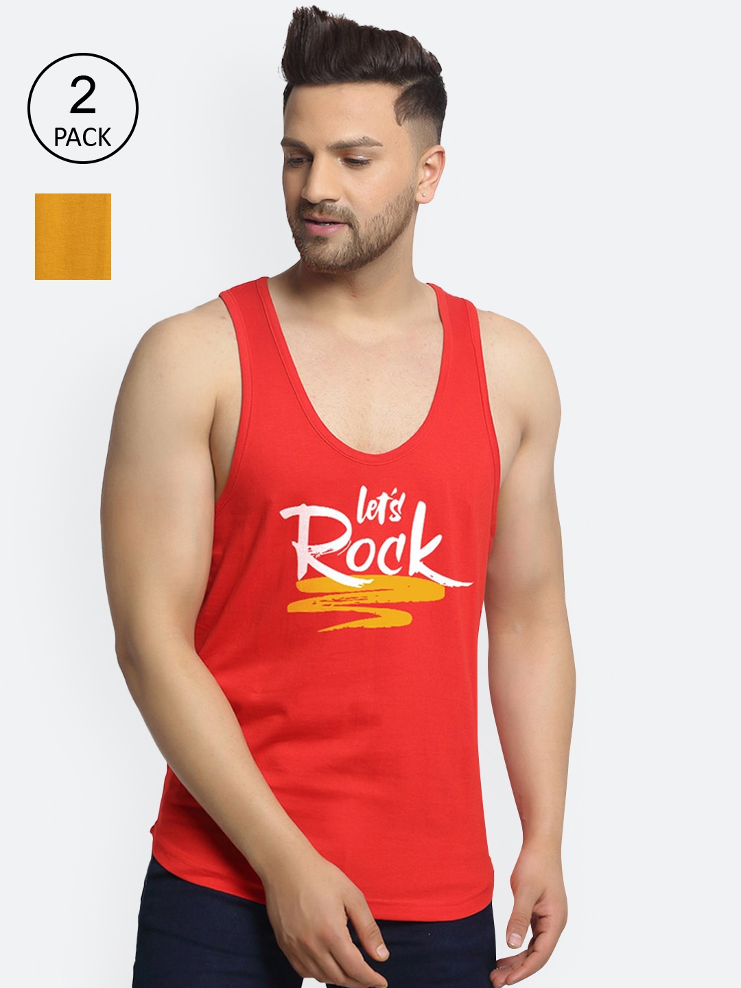 

Friskers Men Pack Of 2 Printed Pure Cotton Innerwear Vests, Red