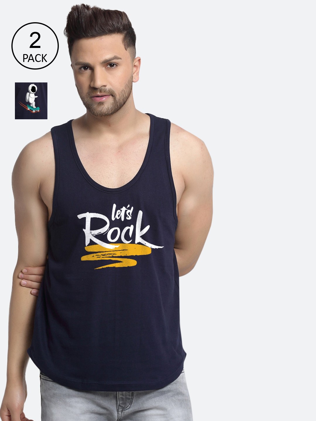 

Friskers Men Pack Of 2 Printed Pure Cotton Innerwear Vests, Navy blue