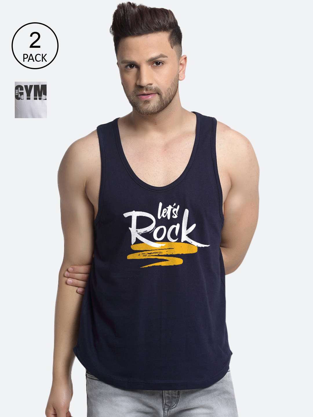 

Friskers Men Pack Of 2 Printed Pure Cotton Innerwear Vests, Navy blue