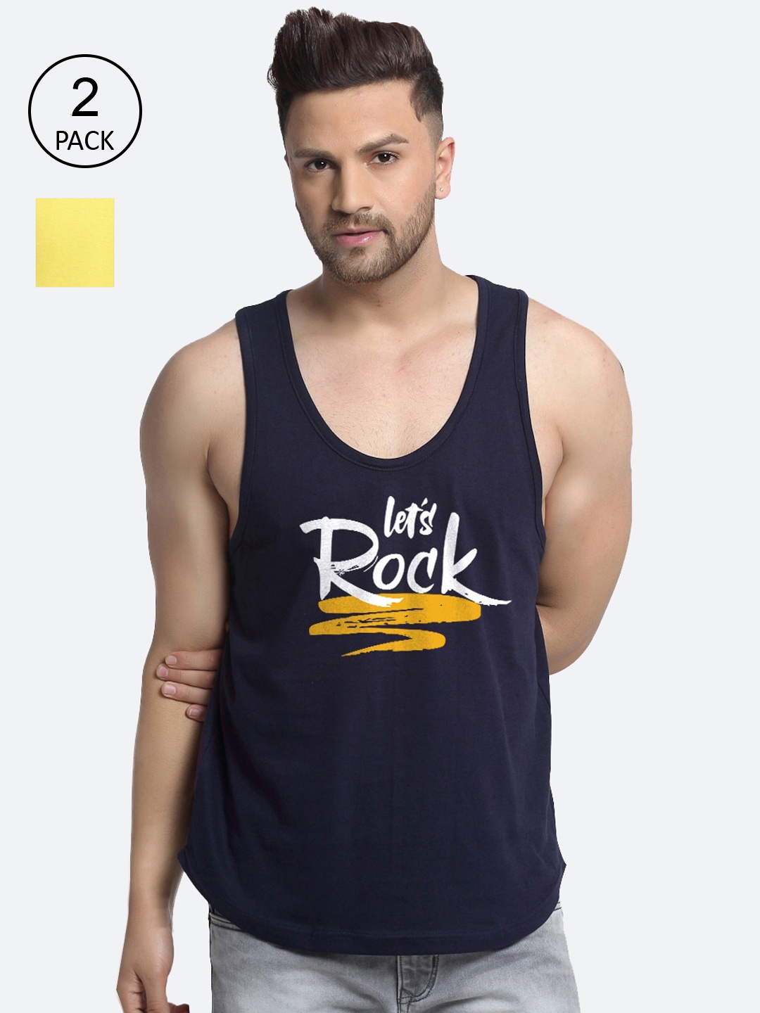 

Friskers Men Pack Of 2 Printed Pure Cotton Innerwear Vests, Navy blue