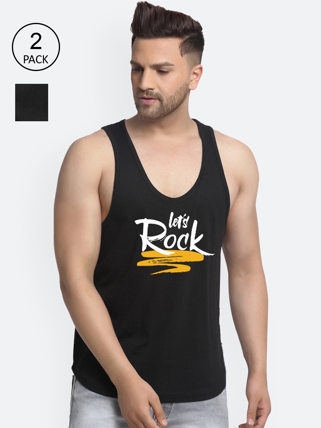 

Friskers Men Pack Of 2 Black Printed Cotton Gym Vest