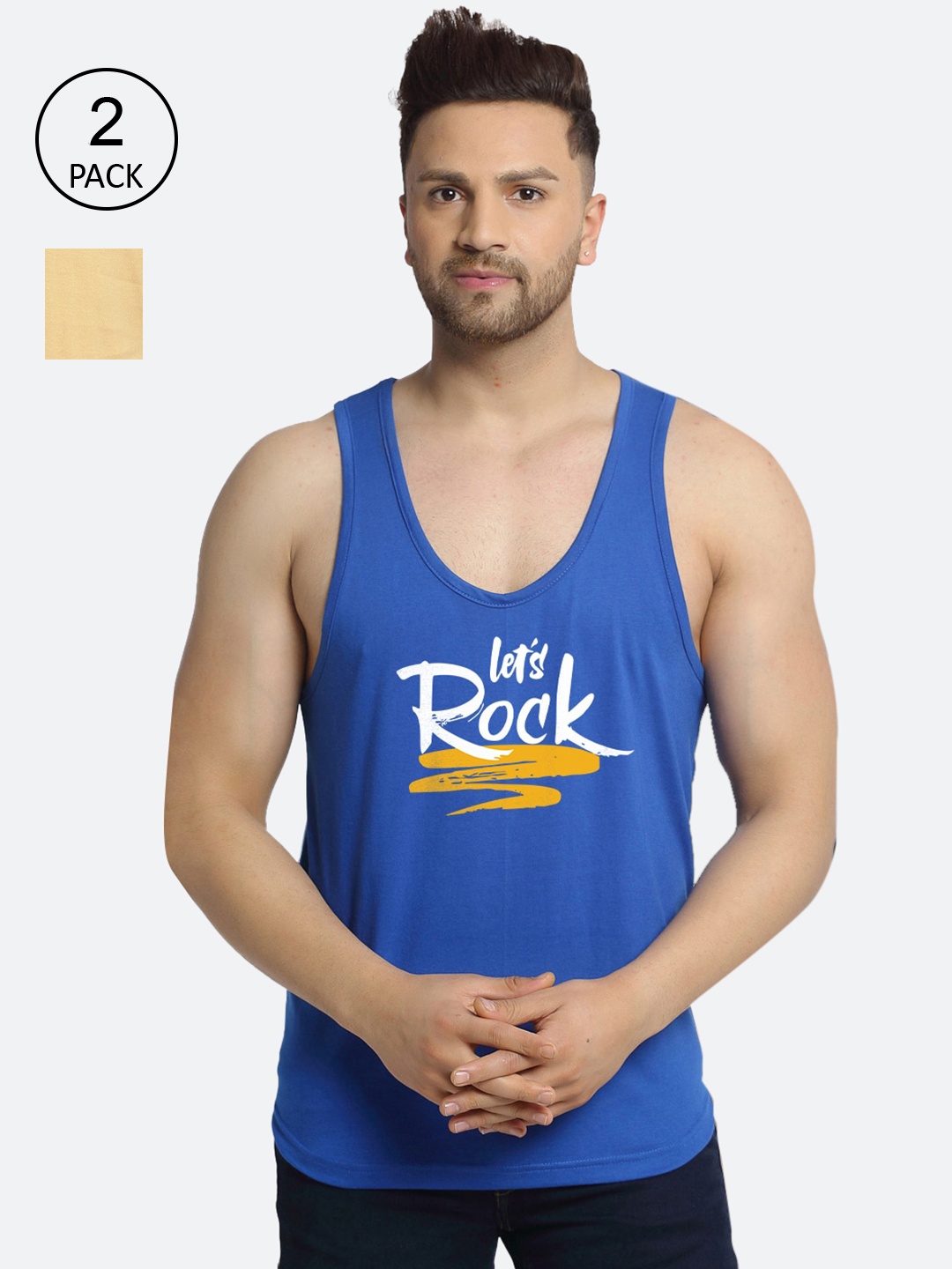 

Friskers Men Pack Of 2 Printed Pure Cotton Innerwear Vests, Blue