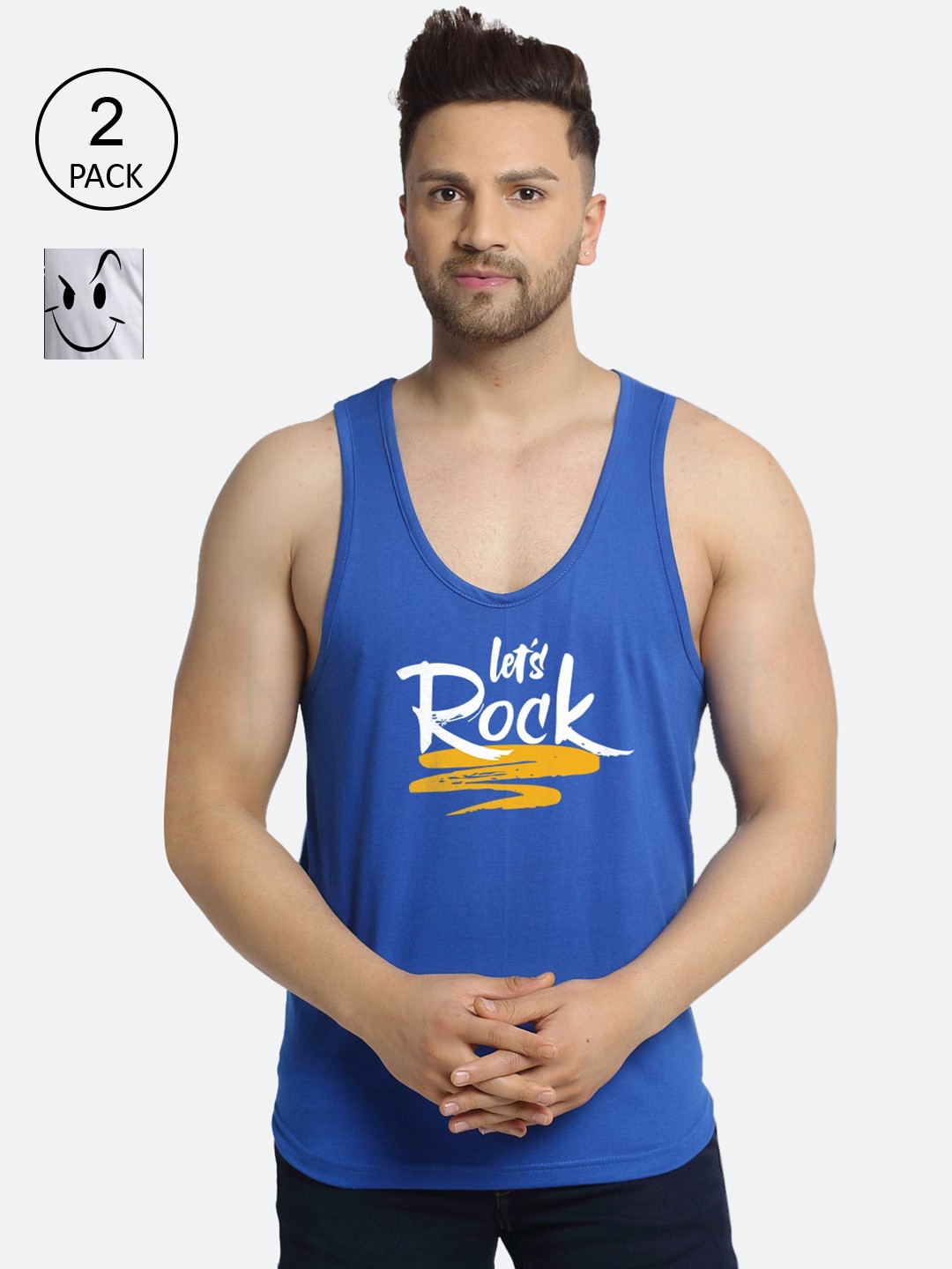

Friskers Men Pack Of 2 Printed Pure Cotton Innerwear Gym Vests, Blue