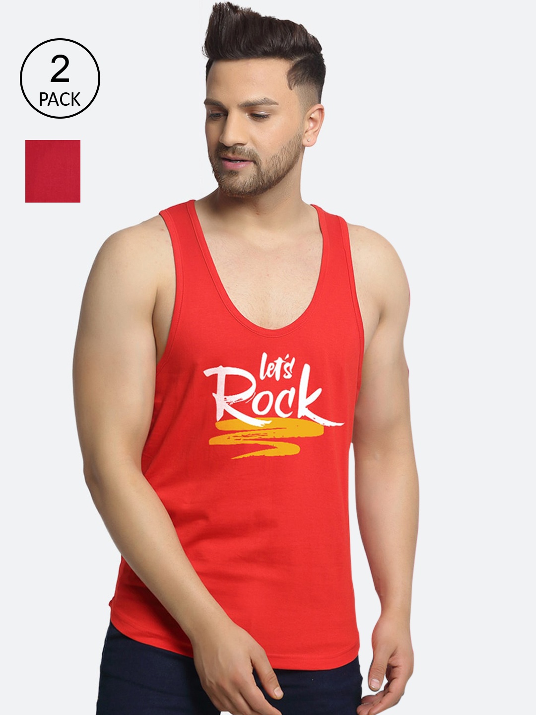 

Friskers Men Pack Of 2 Printed Pure Cotton Innerwear Vests, Red