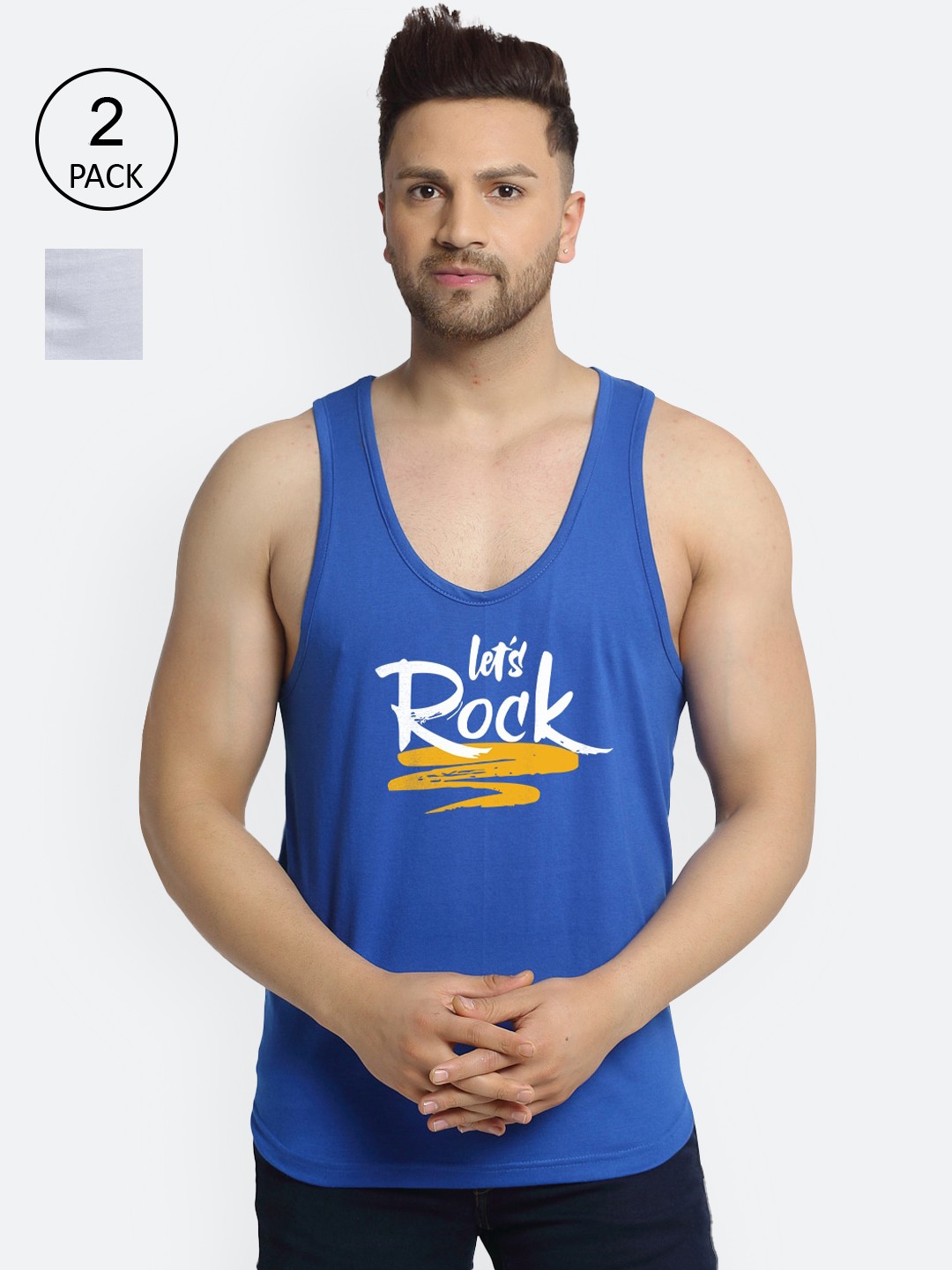 

Friskers Men Pack Of 2 Printed Pure Cotton Tank Vest, Blue