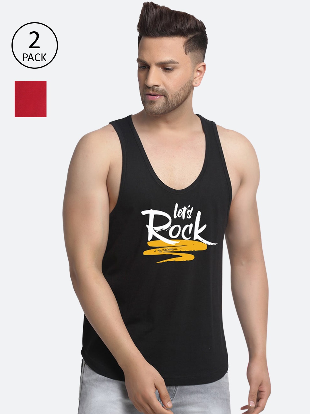 

Friskers Men Pack Of 2 Rock Micky Mouse Printed Innerwear Vests, Black
