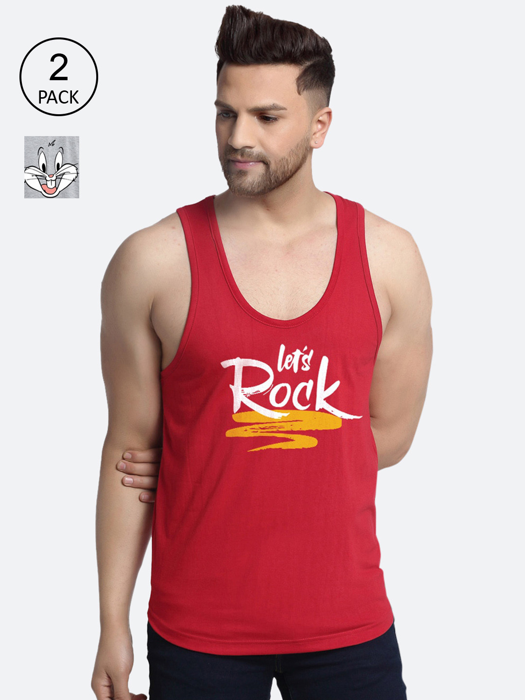 

Friskers Men Pack Of 2 Printed Pure Cotton Gym Vests, Maroon