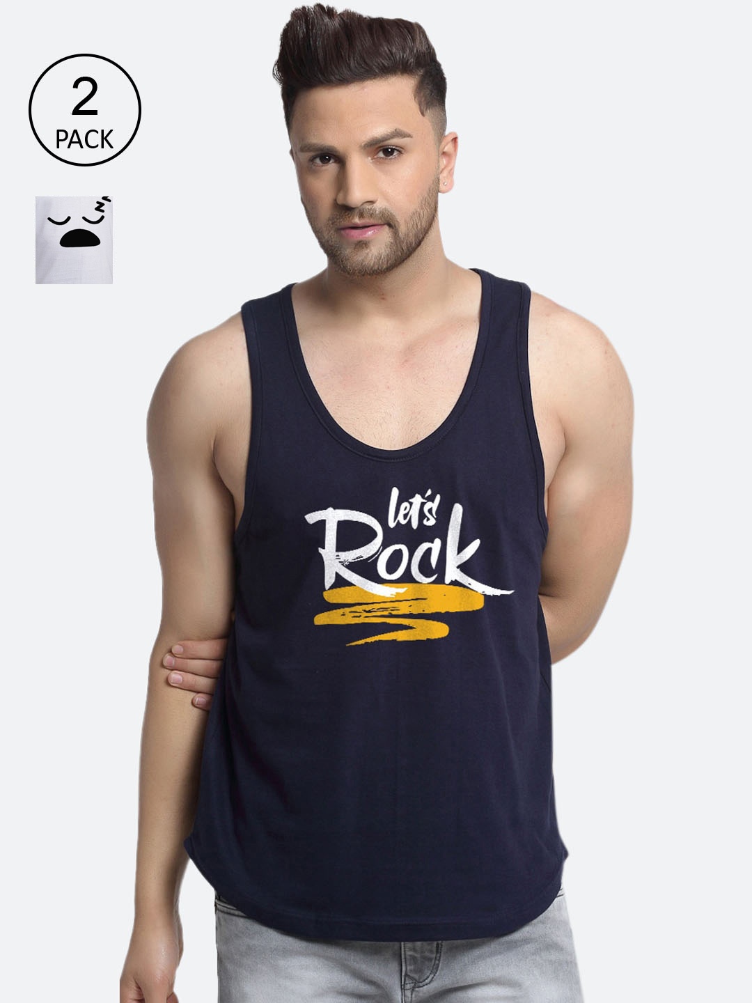 

Friskers Men Pack Of 2 Printed Pure Cotton Innerwear Vests, Navy blue