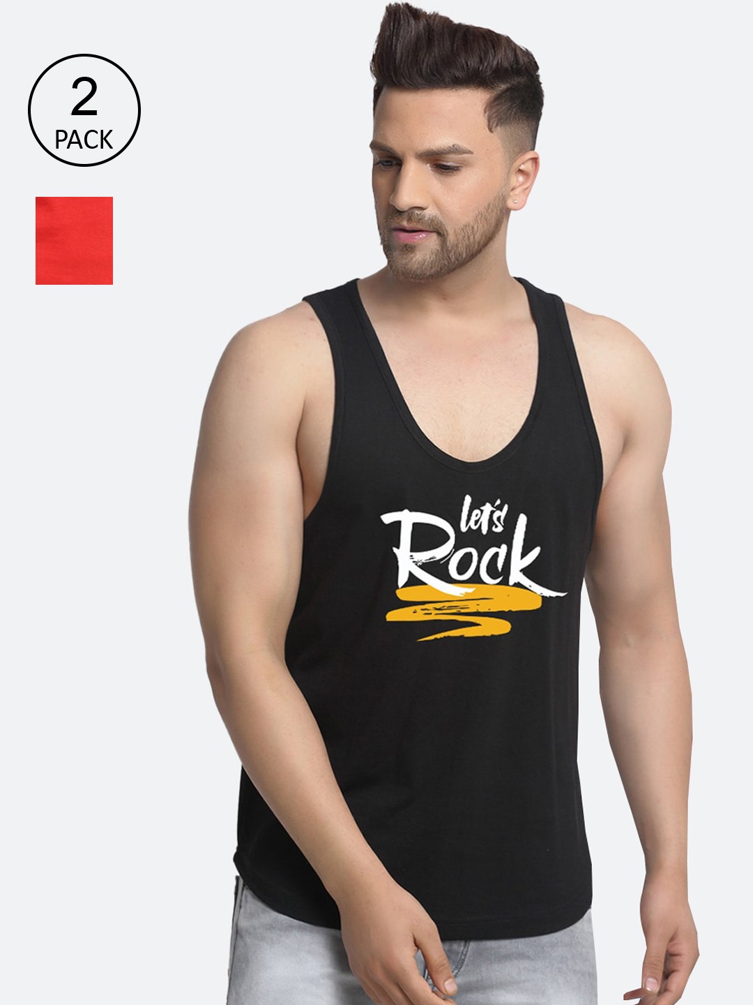 

Friskers Men Pack Of 2 Printed Pure Cotton Innerwear Vests, Black