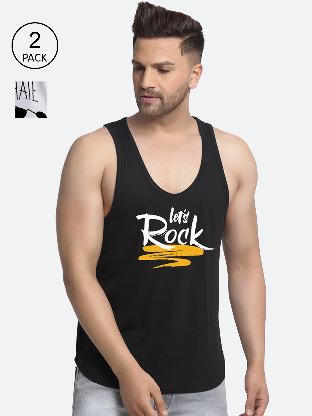 

Friskers Men Pack Of 2 Printed Pure Cotton Innerwear Vests, Black