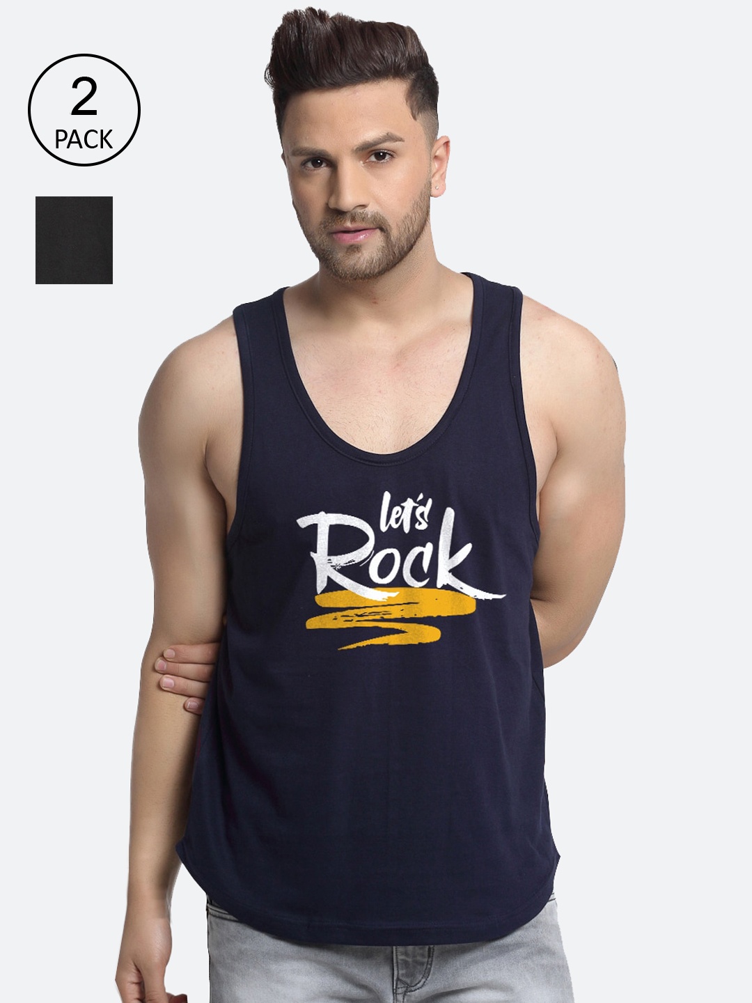 

Friskers Men Pack Of 2 Printed Pure Cotton Innerwear Vests, Navy blue