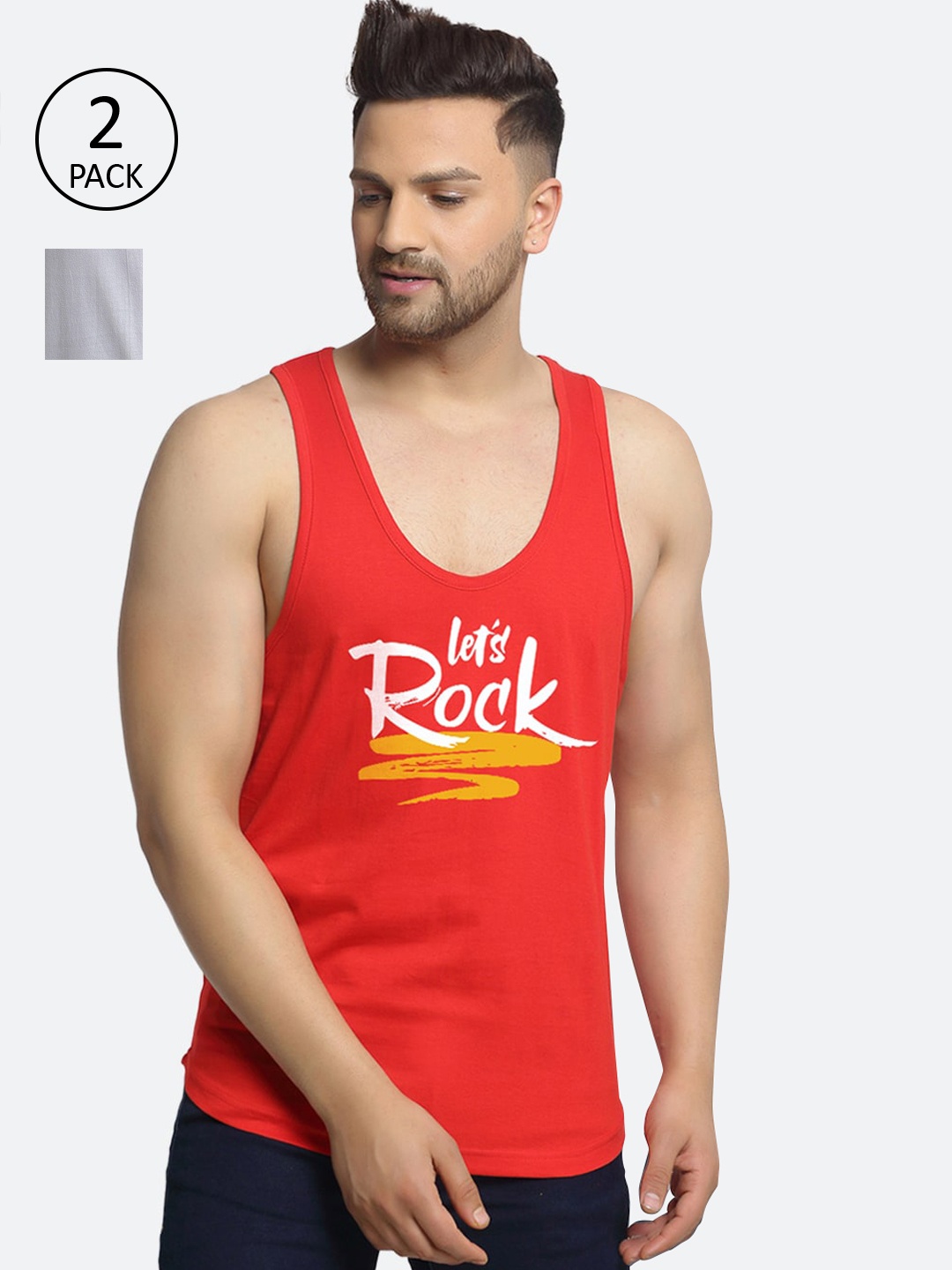 

Friskers Men Pack Of 2 Printed Pure Cotton Gym Vests, Red