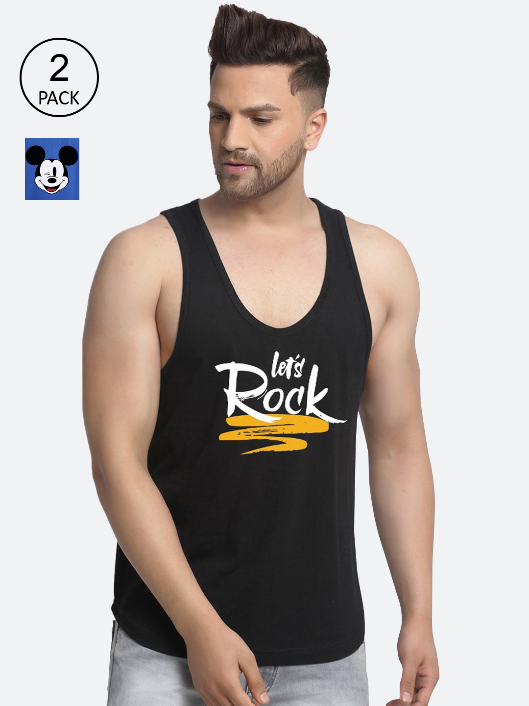

Friskers Men Pack Of 2 Rock Micky Mouse Printed Pure Cotton Innerwear Vests, Black