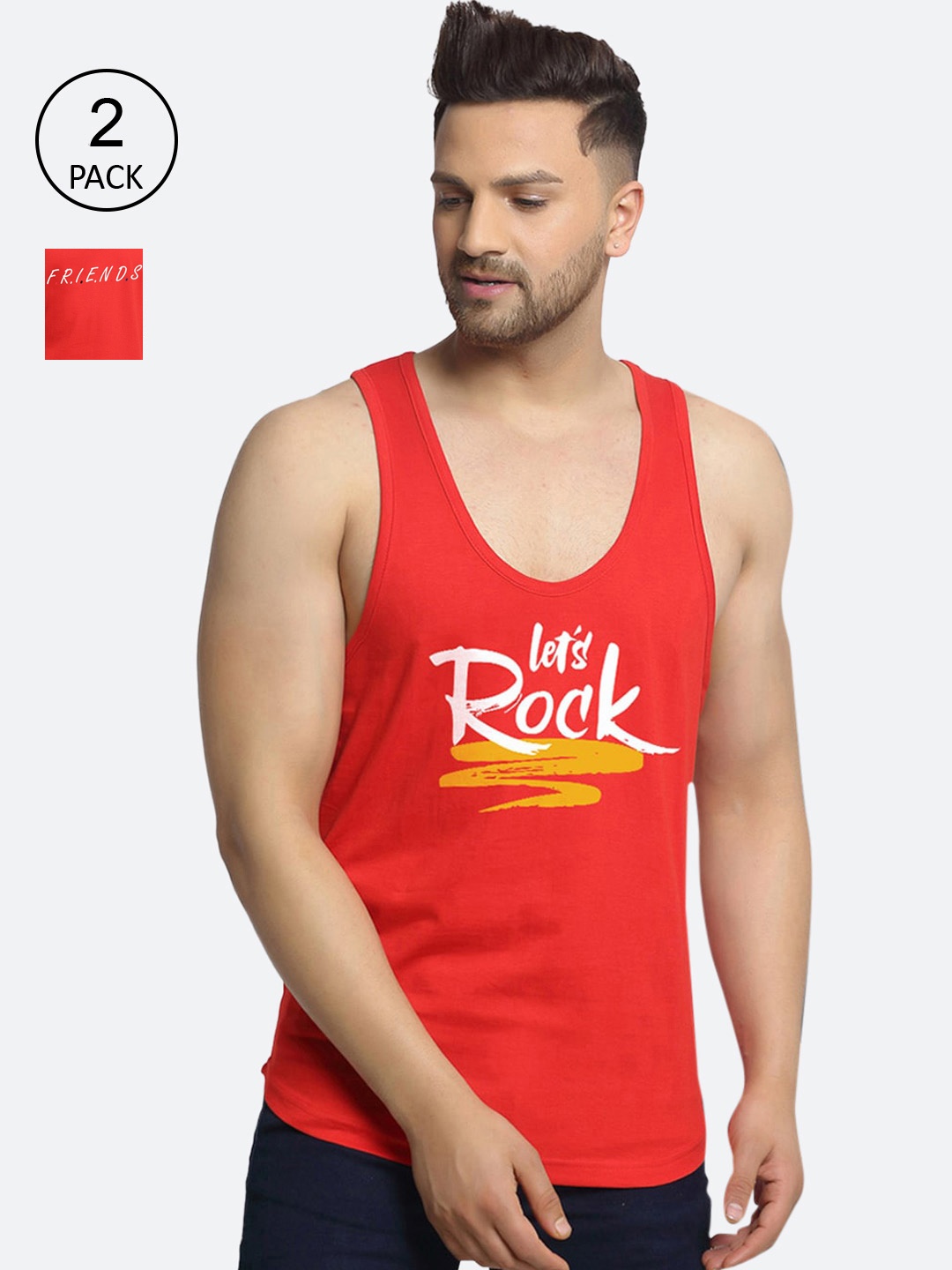 

Friskers Men Pack Of 2 Printed Pure Cotton Innerwear Gym Vests, Red