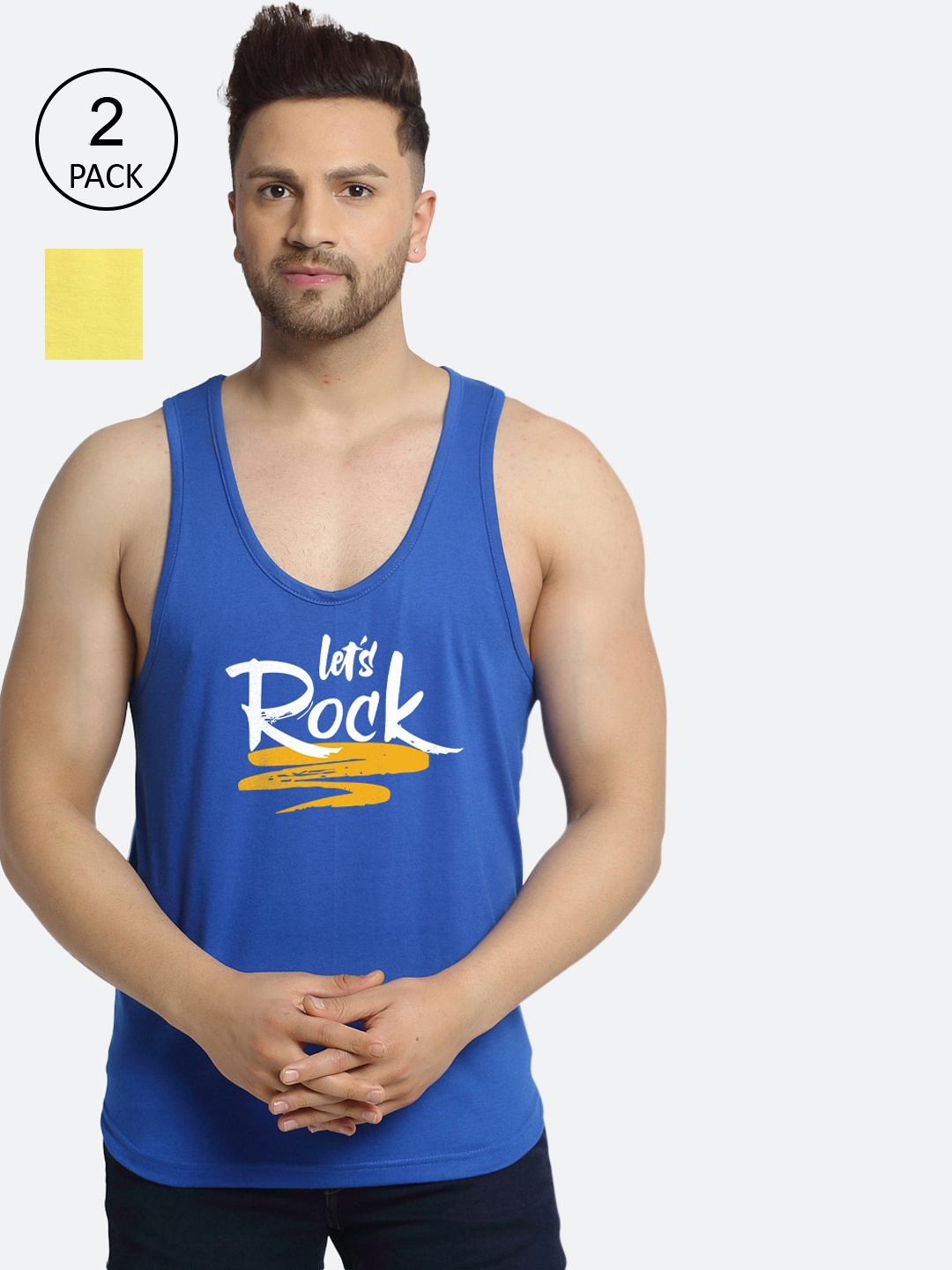 

Friskers Men Pack Of 2 Printed Pure Cotton Gym Vests, Blue