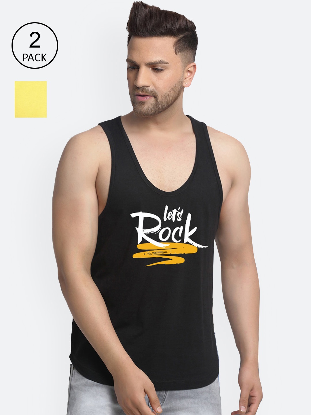 

Friskers Men Pack Of 2 Printed Pure Cotton Gym Innerwear Vest, Black