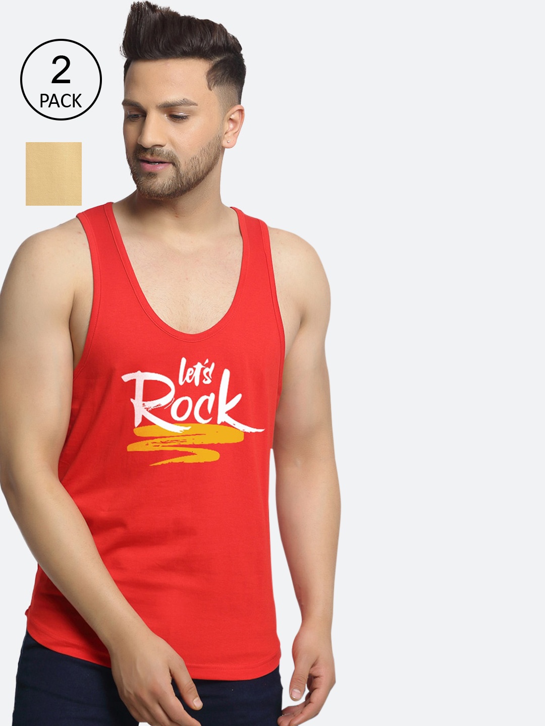 

Friskers Men Pack Of 2 Printed Pure Cotton Innerwear Vests, Red