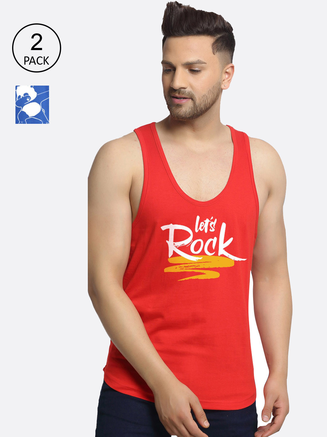 

Friskers Men Pack Of 2 Printed Pure Cotton Innerwear Vests, Red