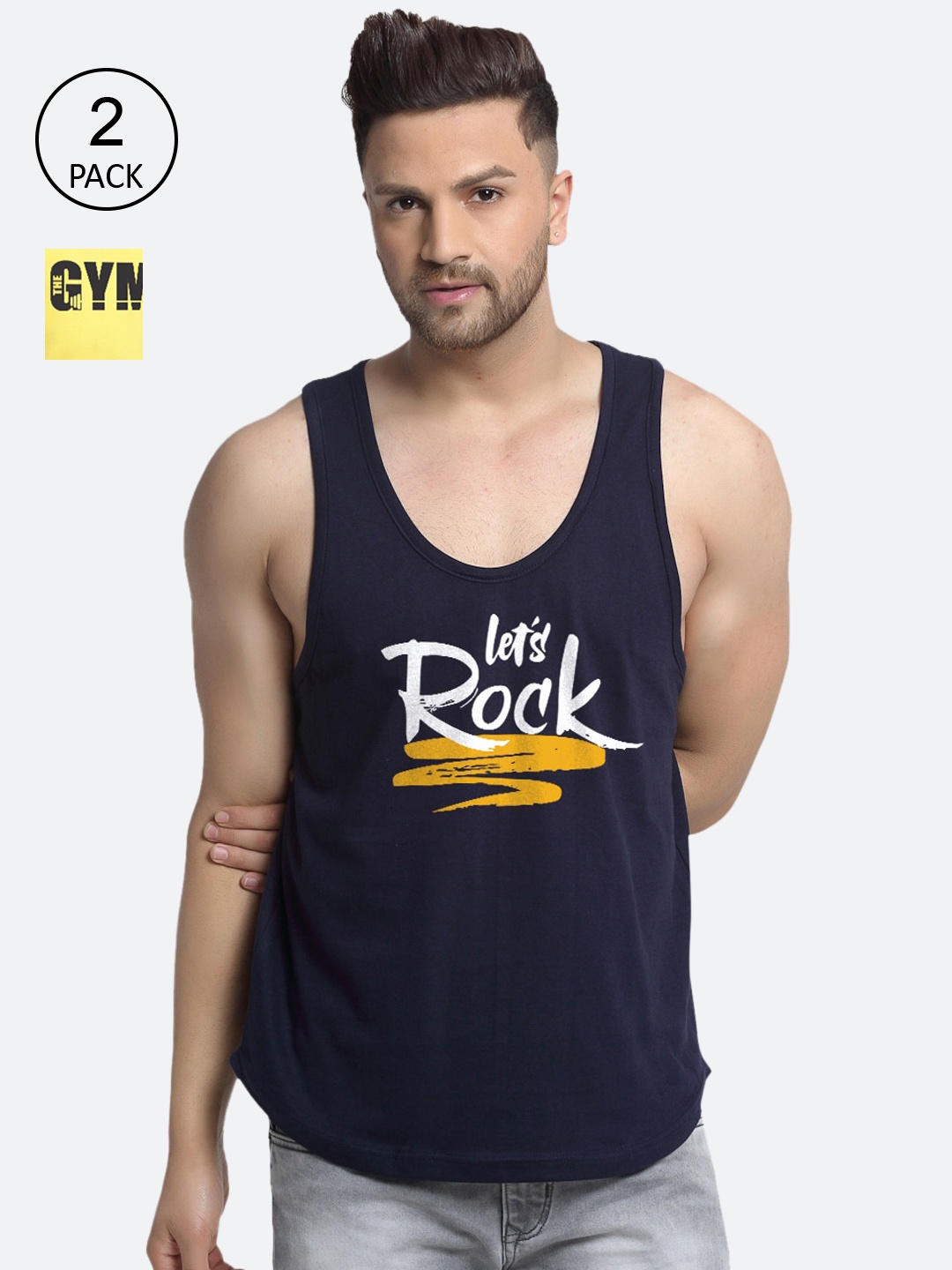 

Friskers Men Pack Of 2 Printed Pure Cotton Innerwear Vests, Navy blue