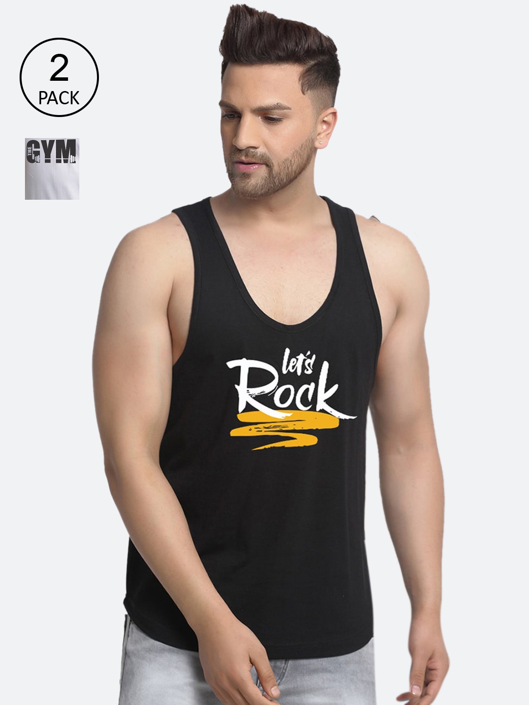 

Friskers Men Pack Of 2 Black & White Printed Cotton Innerwear Vests