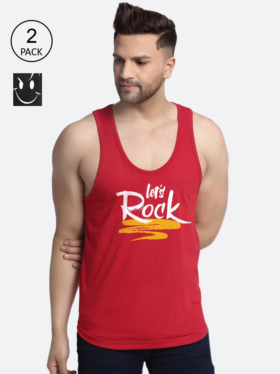 

Friskers Men Pack Of 2 Printed Pure Cotton Innerwear Vests, Red