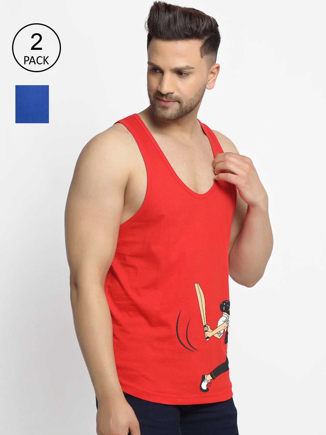 

Friskers Men Pack Of 2 Printed Pure Cotton Gym Vests, Blue