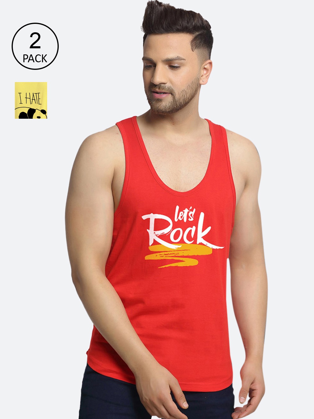 

Friskers Men Pack Of 2 Rock I hate morning Printed Pure Cotton Innerwear Vests, Red