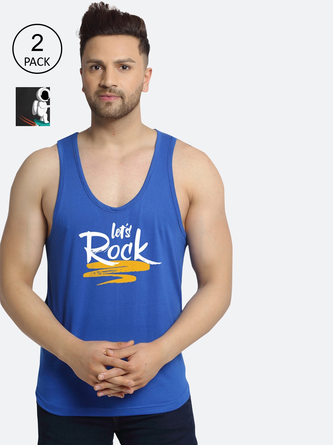 

Friskers Men Pack of 2 Black & Blue Printed Cotton Gym Vest