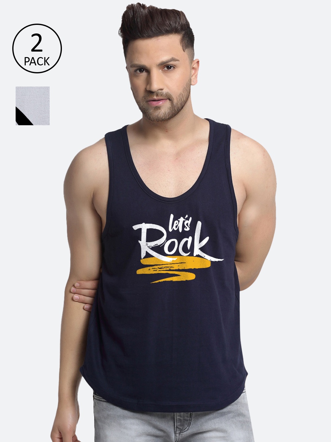 

Friskers Men Pack Of 2 Printed Pure Cotton Gym Vests, Navy blue