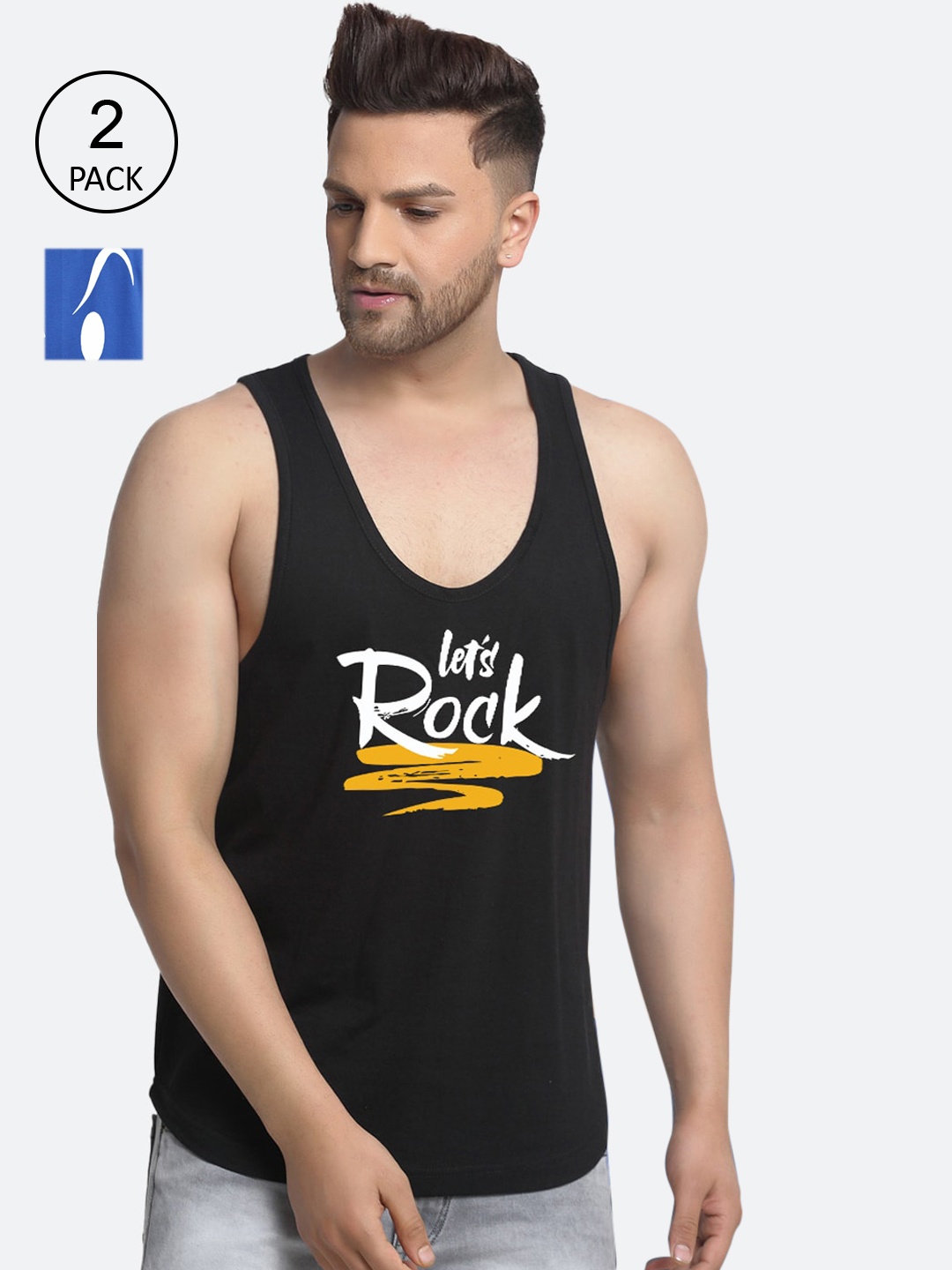 

Friskers Men Pack Of 2 Printed 175 - 180 GSM Pure Cotton Innerwear Vest, Black