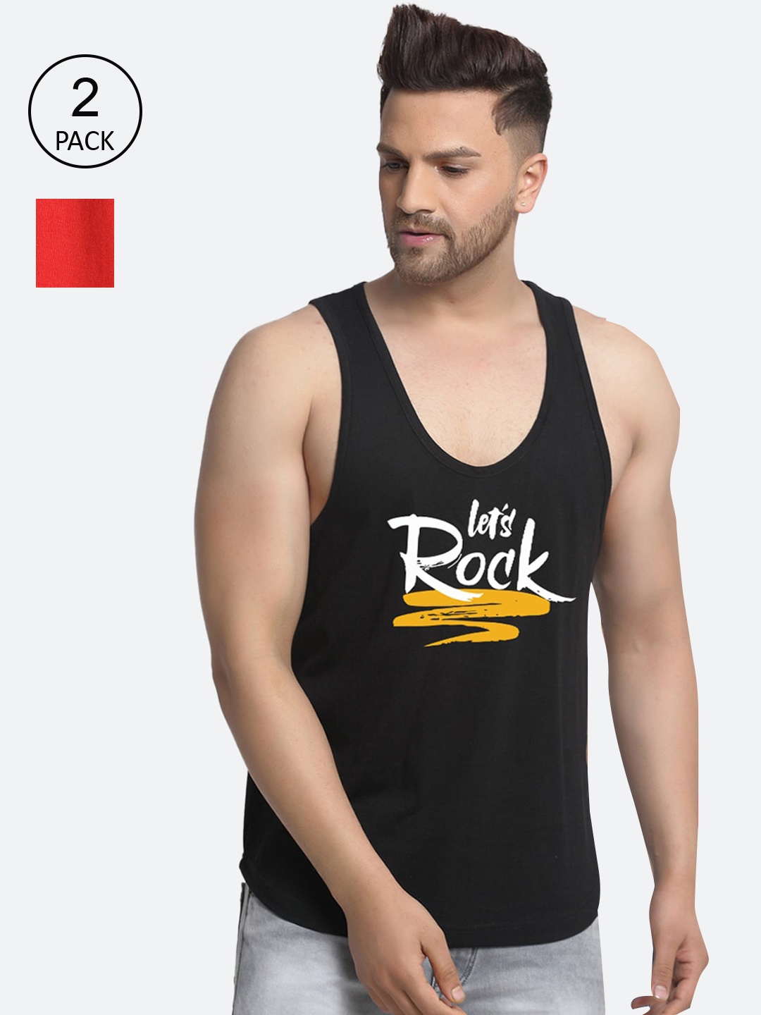 

Friskers Men Pack Of 2 Printed Pure Cotton Innerwear Vests, Black