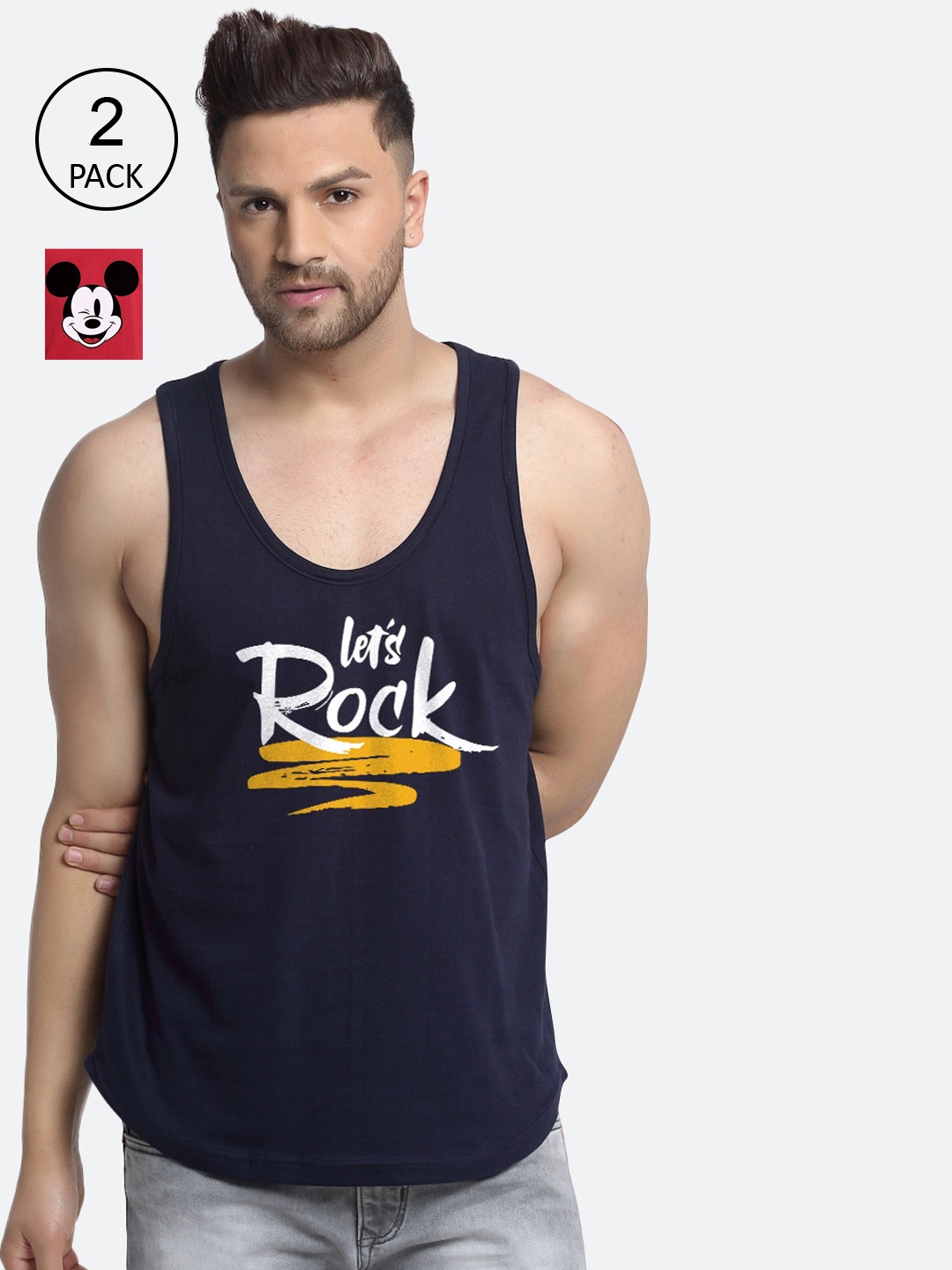 

Friskers Men Pack Of 2 Rock Micky Mouse Printed Pure Cotton Innerwear Vests, Navy blue