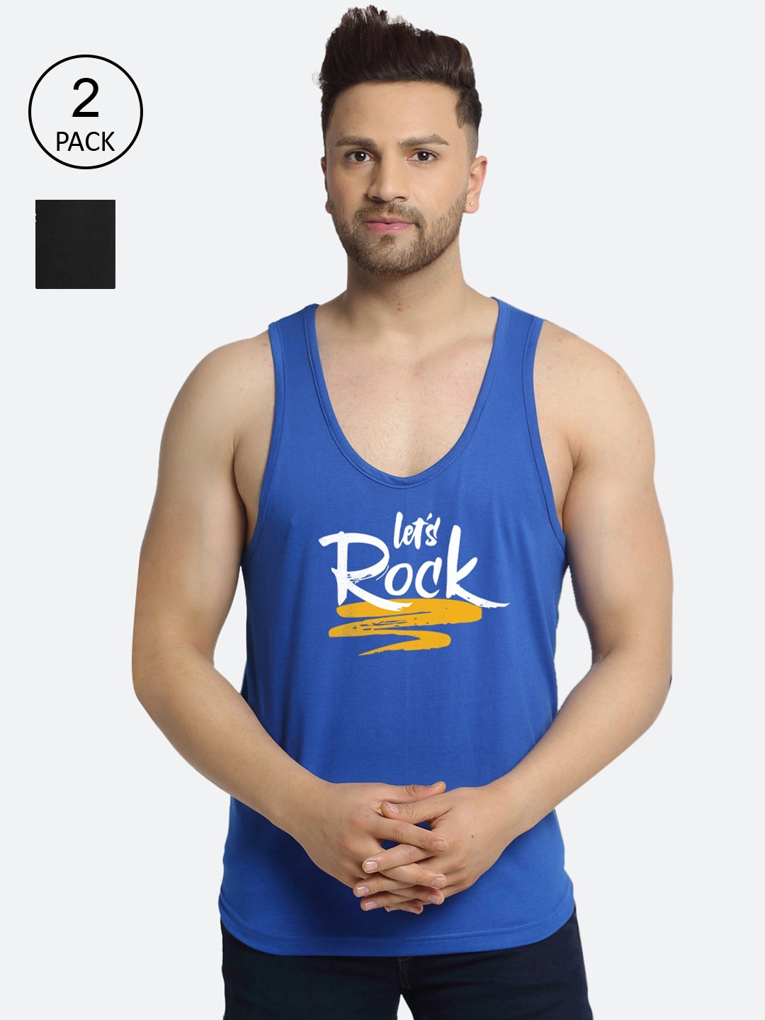 

Friskers Men Pack Of 2 Printed Pure Cotton Gym Innerwear Vest, Blue
