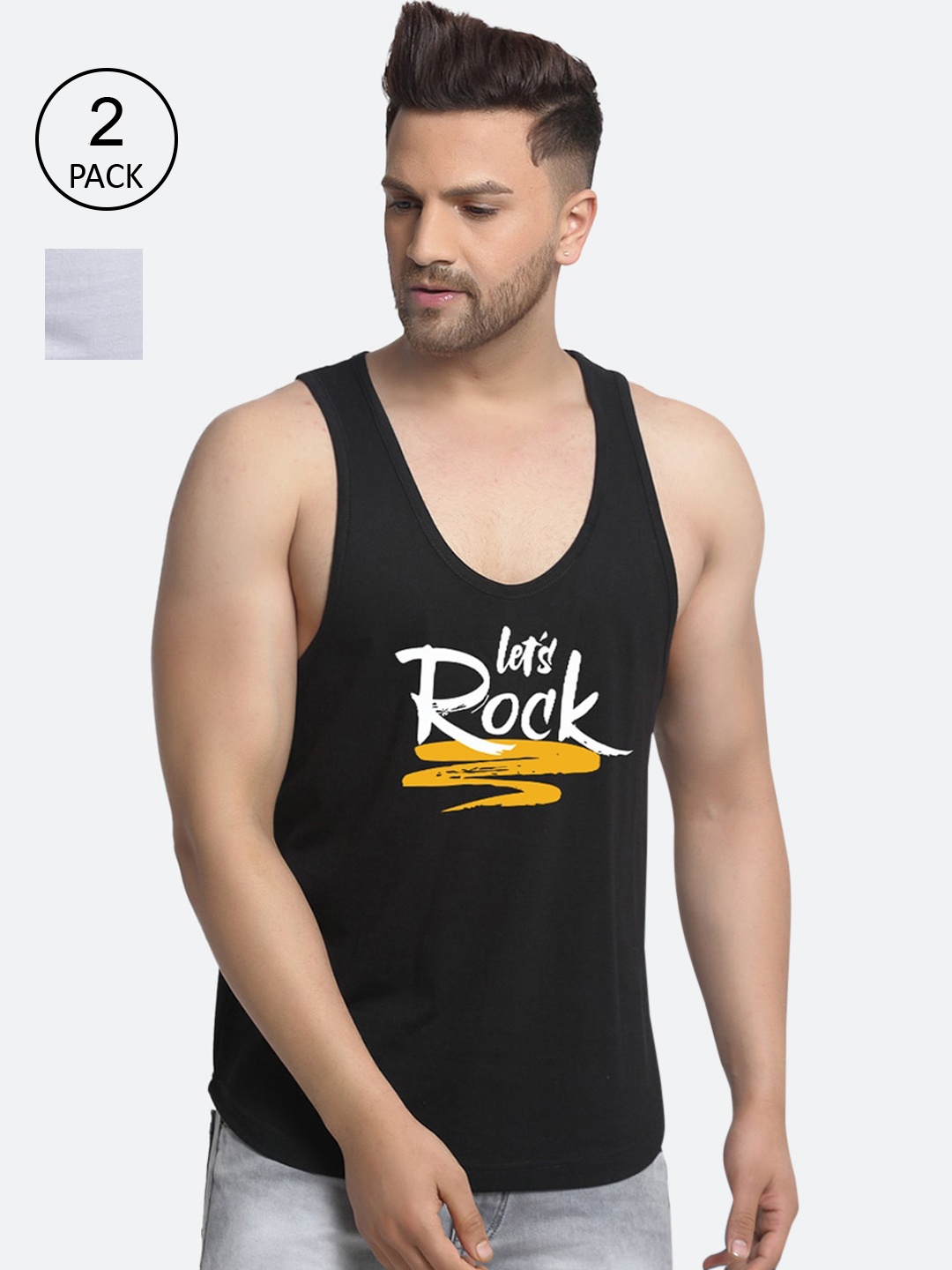 

Friskers Men Pack Of 2 Black & White Printed Cotton Innerwear Vests