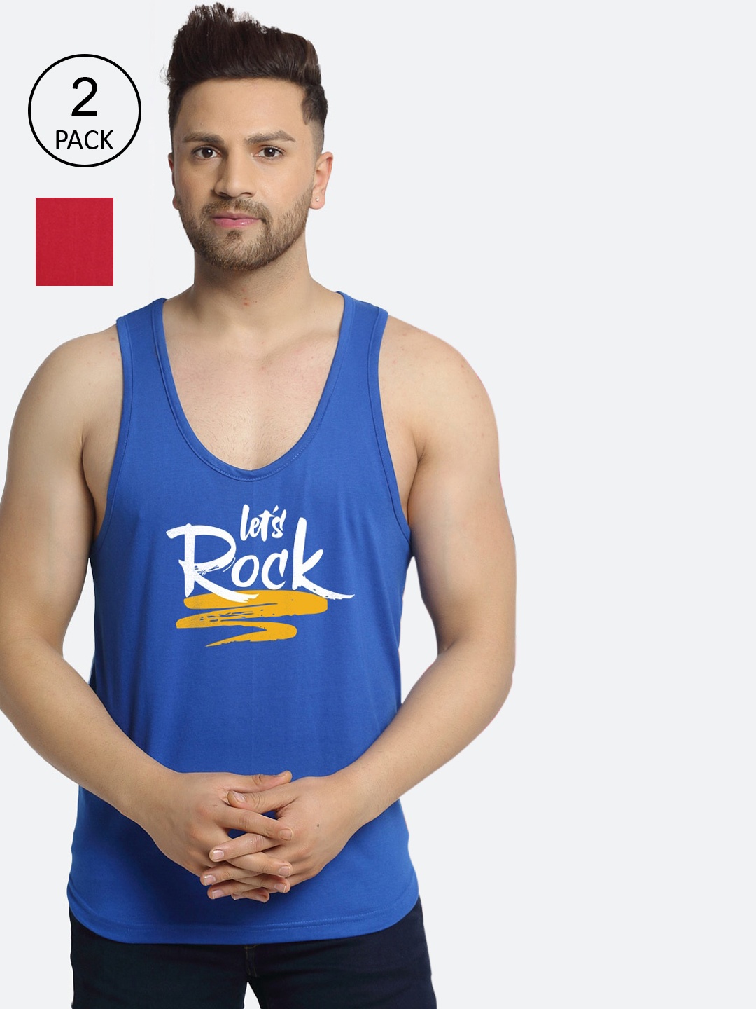 

Friskers Men Pack Of 2 Printed Pure Cotton Innerwear Vests, Blue