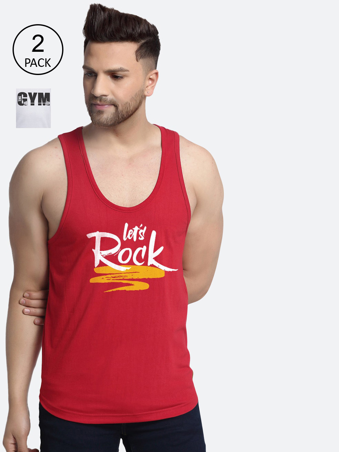 

Friskers Men Pack Of 2 Printed Pure Cotton Gym Vests, Maroon