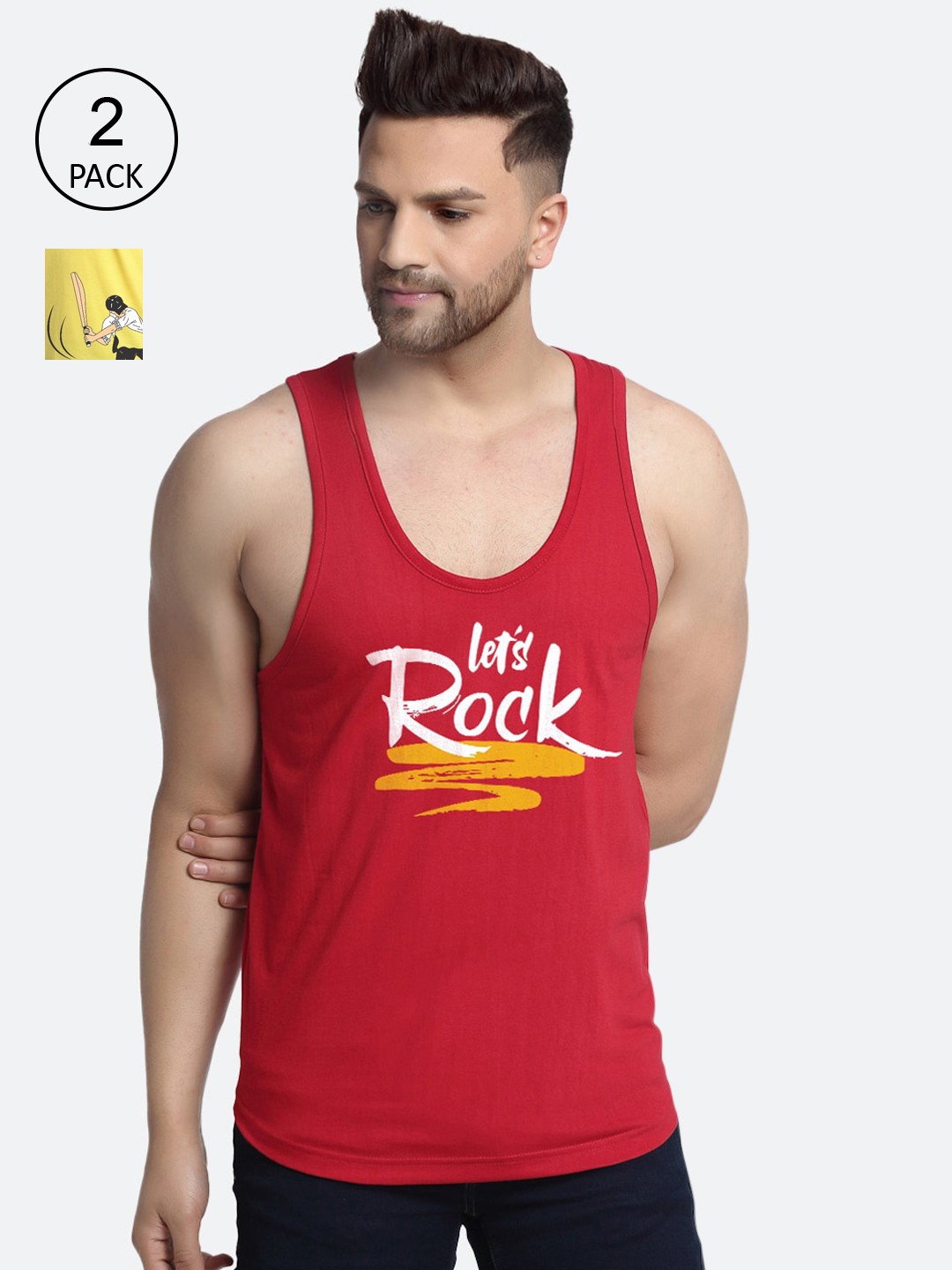 

Friskers Men Pack Of 2 Printed Pure Cotton Gym Innerwear Vest, Maroon