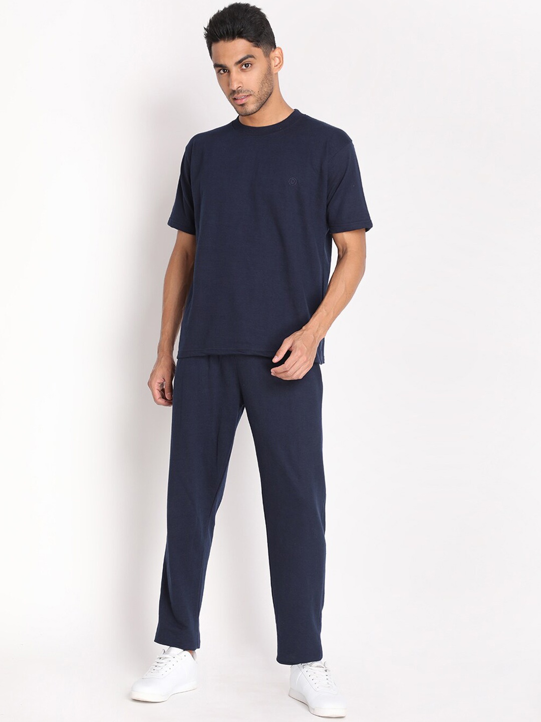 

CHKOKKO Men Navy Blue Solid Co-Ord Set