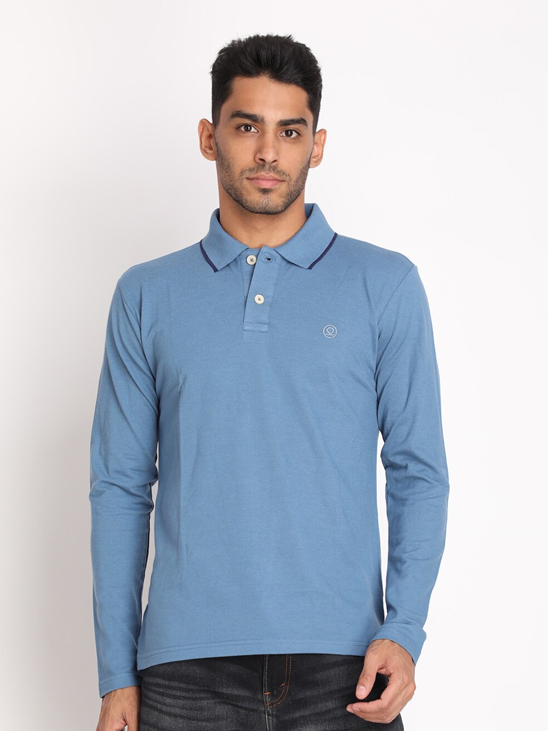 

Chkokko Men Blue Polo Collar Applique T-shirt