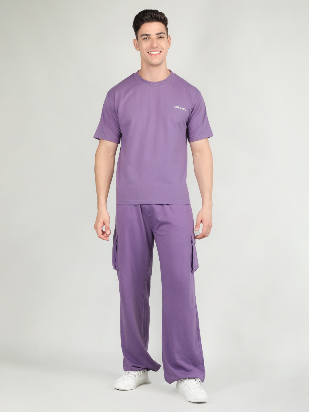 

CHKOKKO Purple Solid T-Shirt & Trousers Co-ords