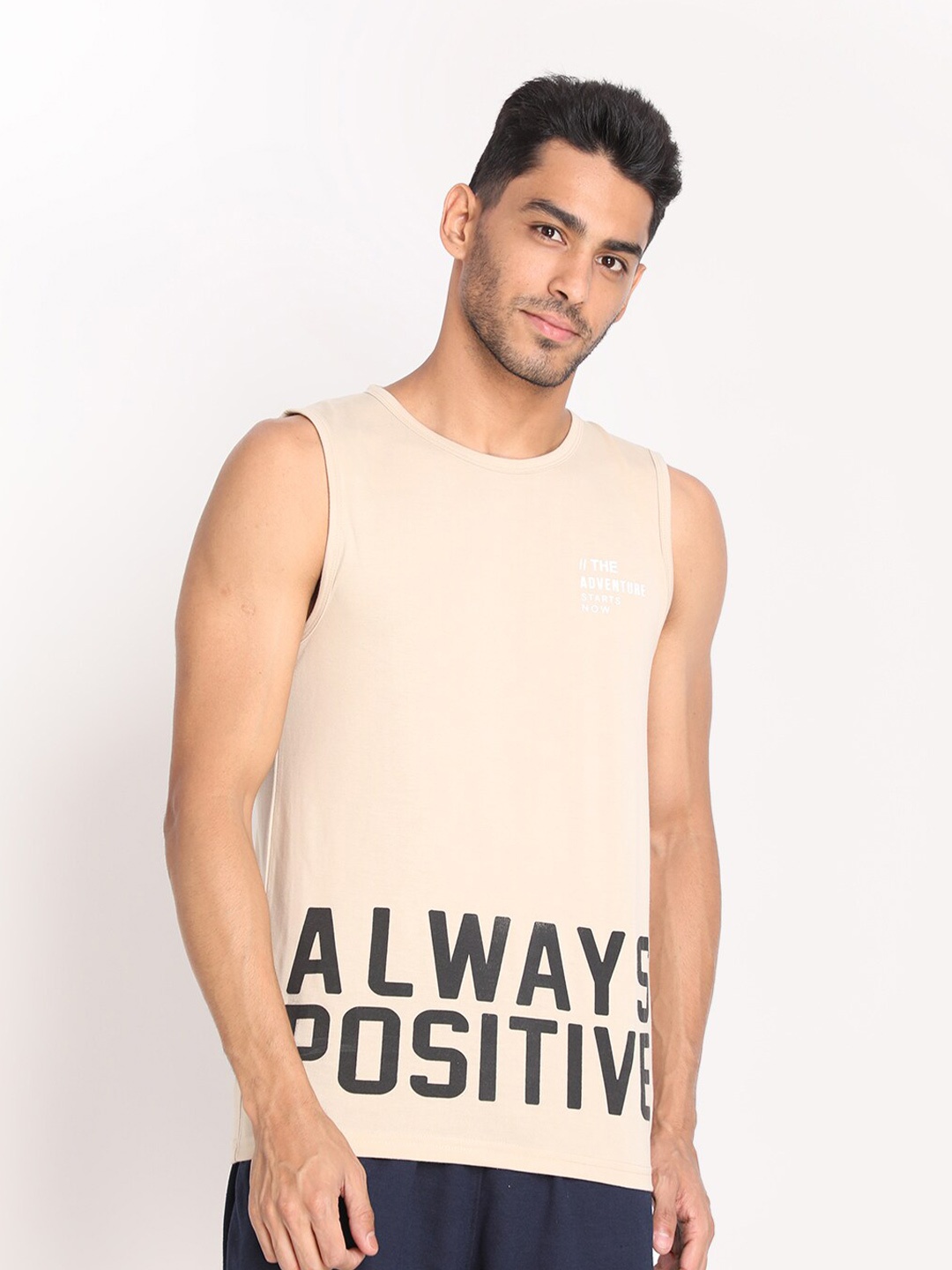 

CHKOKKO Men Beige Typography V-Neck T-shirt