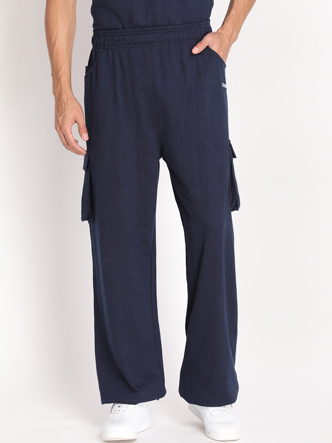 

CHKOKKO Men Navy Blue Solid Cotton Relaxed Fit Track Pants